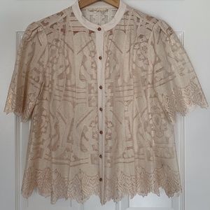 Anthropologie Floreat ivory & rose gold lace blouse with rose gold buttons